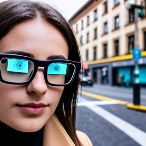 Home 16 **Smart Glasses in Use**:
- "A person wearing stylish smart glasses, showcasing augmented reality features while navigating a city street. The glasses display navigation information in front of their eyes, and the user appears engaged and focused."