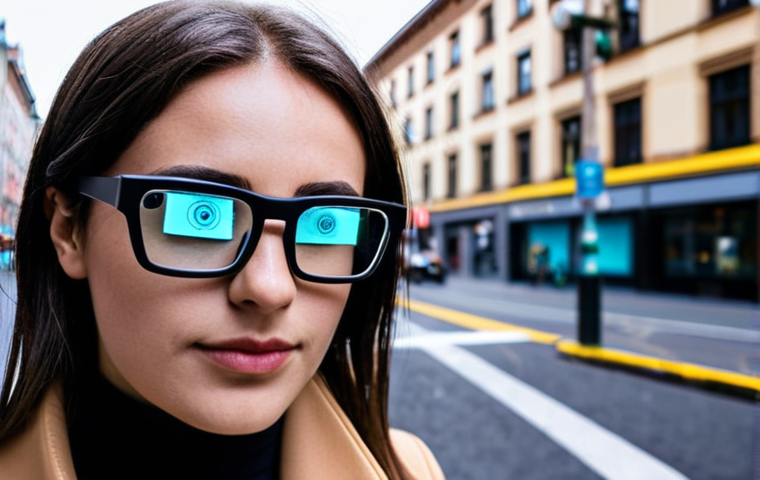 **Smart Glasses in Use**:
- "A person wearing stylish smart glasses, showcasing augmented reality features while navigating a city street. The glasses display navigation information in front of their eyes, and the user appears engaged and focused."