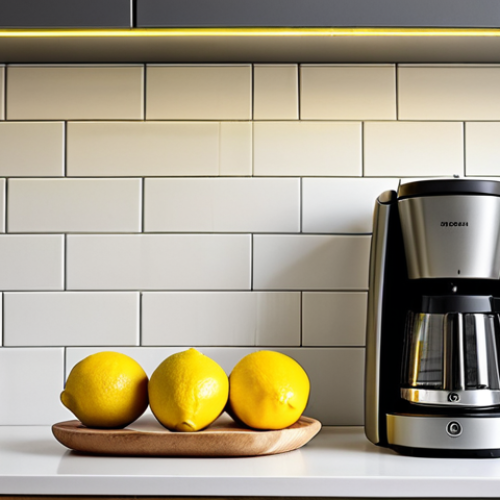 Home 15 **Minimalist Kitchen Still Life:** A modern kitchen counter with matte grey appliances (coffee maker, toaster). A single bright yellow lemon provides a pop of color. Soft, diffused lighting. Focus on clean lines and the absence of clutter.