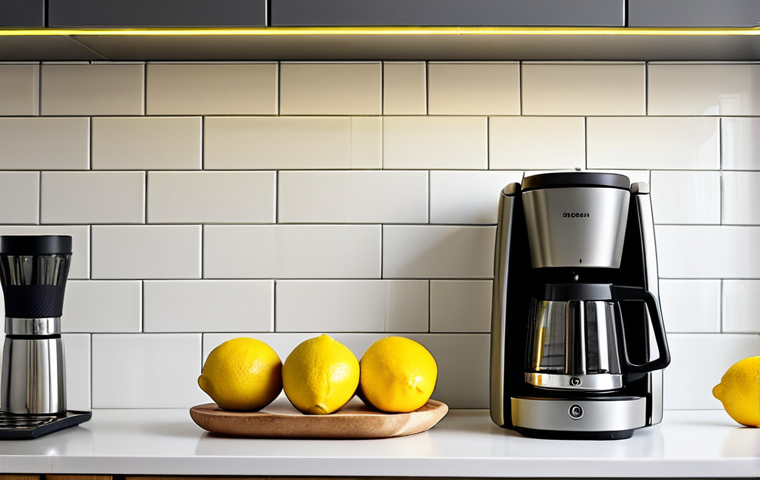 **Minimalist Kitchen Still Life:** A modern kitchen counter with matte grey appliances (coffee maker, toaster). A single bright yellow lemon provides a pop of color. Soft, diffused lighting. Focus on clean lines and the absence of clutter.