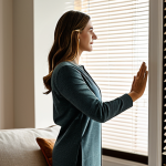 A serene, family-friendly living room in a modern home, showcasing seamless integration of smart technology. A fully clothed woman in modest, comfortable home attire is gently adjusting an automated window blind with a subtle gesture, bathed in soft, warm lighting. The room features a harmonious blend of natural wood furniture, stone accents, and inviting textile textures, emphasizing both functionality and elegant aesthetics. The atmosphere is calm and comfortable, designed to enhance daily well-being. safe for work, appropriate content, fully clothed, perfect anatomy, correct proportions, natural pose, well-formed hands, proper finger count, natural body proportions, professional photography, high quality.
